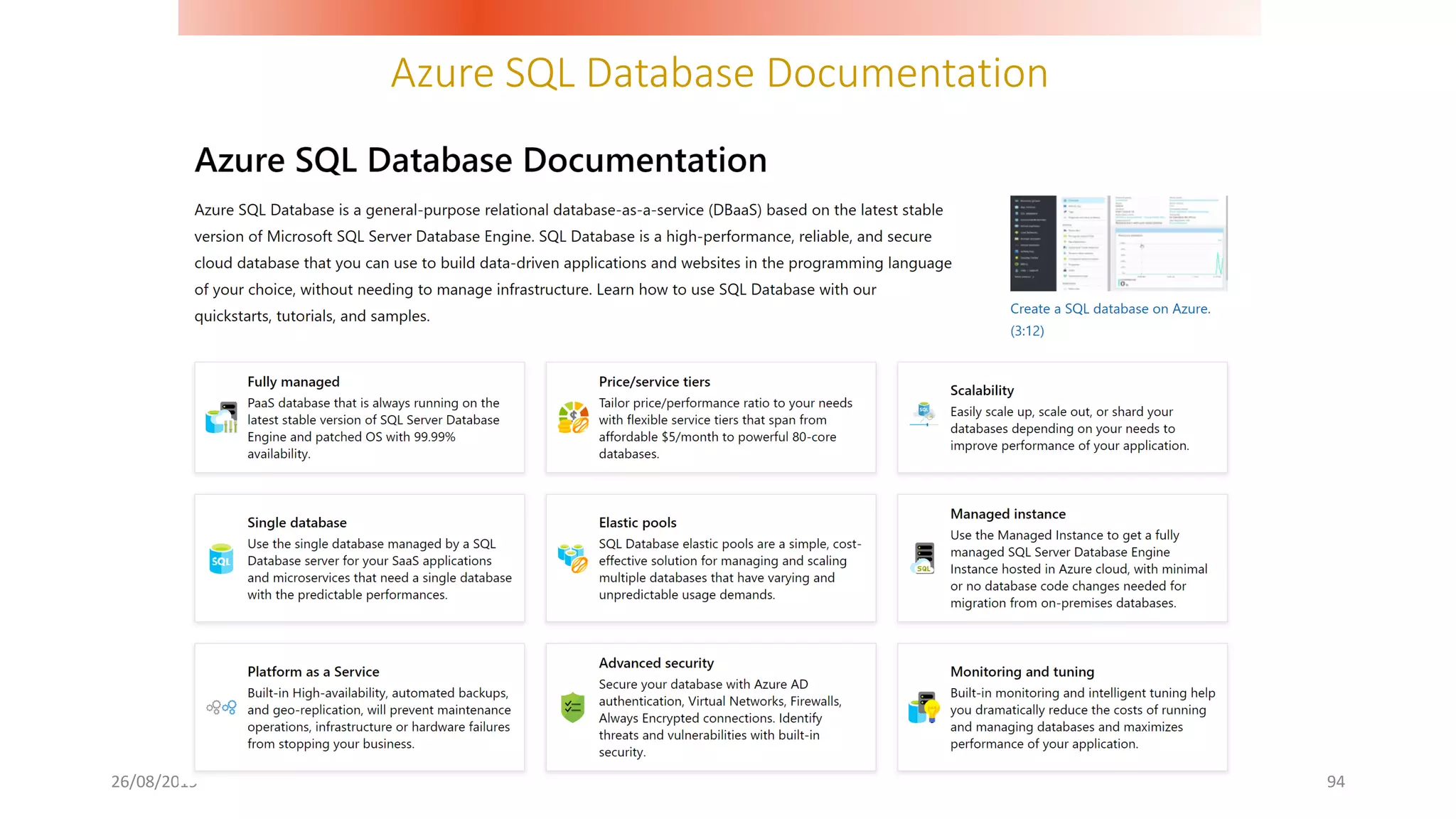 Azure SQL Database Documentation
26/08/2019 94
 