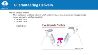 Guaranteering Delivery
- The Two Generals Problem
- When we have an unreliable network, which we always do, we cannot guarantee message receipt.
- Instead we must be satisfied with either
- At Most Once
- At Least Once
- Exactly Once
 