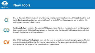 New Tools
One of the most efficient methods for uncovering misalignments in software is put the code together and
run it. Continuos Integration was promoted heavily as part of XP methodology as a way to achieve this
and is now a common industry norm.
Continuos Delivery builds on the success of CI by automated the steps of preparing code and deploying it
to an environment. CD tools allow engineers to choose a build that passed the CI stage and promote that
through the pipeline to run in production.
Like CI/CD, Continuos Verification is born out of a need to navigate increasingly complex systems. Modern
organizations can’t validate that the internal machinations of the system work as intended, so instead
they verify that the output of the system matches expectations.
 