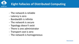 Eight Fallacies of Distributed Computing
- The network is reliable
- Latency is zero
- Bandwidth is infinite
- The network is secure
- Topology doesn’t exist
- There is one administrator
- Transport cost is zero
- The network is homogeneous
Peter Deutsch
 