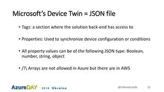 2018 Ukraine
Microsoft’s Device Twin = JSON file
• Tags: a section where the solution back-end has access to
• Properties: Used to synchronize device configuration or conditions
• All property values can be of the following JSON type: Boolean,
number, string, object
• /! Arrays are not allowed in Azure but there are in AWS
@FollowEstelle 15
 