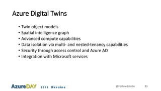 2018 Ukraine
Azure Digital Twins
• Twin object models
• Spatial intelligence graph
• Advanced compute capabilities
• Data isolation via multi- and nested-tenancy capabilities
• Security through access control and Azure AD
• Integration with Microsoft services
@FollowEstelle 33
 