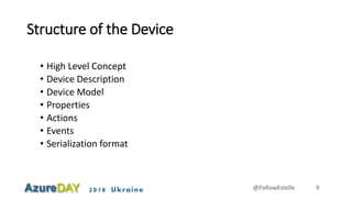 2018 Ukraine
Structure of the Device
• High Level Concept
• Device Description
• Device Model
• Properties
• Actions
• Events
• Serialization format
@FollowEstelle 9
 