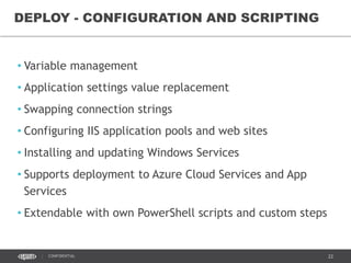 22CONFIDENTIAL
• Variable management
• Application settings value replacement
• Swapping connection strings
• Configuring IIS application pools and web sites
• Installing and updating Windows Services
• Supports deployment to Azure Cloud Services and App
Services
• Extendable with own PowerShell scripts and custom steps
DEPLOY - CONFIGURATION AND SCRIPTING
 