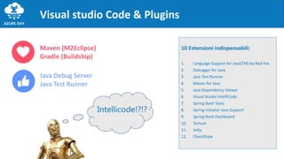 10 Estensioni indispensabili:
1. Language Support for Java(TM) by Red Hat
2. Debugger for Java
3. Java Test Runner
4. Maven for Java
5. Java Dependency Viewer
6. Visual Studio IntelliCode
7. Spring Boot Tools
8. Spring Initializr Java Support
9. Spring Boot Dashboard
10. Tomcat
11. Jetty
12. CheckStyle
Visual studio Code & Plugins
Intellicode!?!?
Maven (M2Eclipse)
Gradle (Buildship)
Java Debug Server
Java Test Runner
 