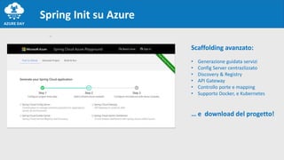 Spring Init su Azure
Scaffolding avanzato:
• Generazione guidata servizi
• Config Server centrazlizzato
• Discovery & Registry
• API Gateway
• Controllo porte e mapping
• Supporto Docker, e Kubernetes
… e download del progetto!
 