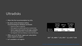 Bring in
Additional
Solutions
• High IOPS-
• MBPs: Azure NetApp
Files
• Higher IO
throughput:
Consider Silk,
Flashgrid Sto...