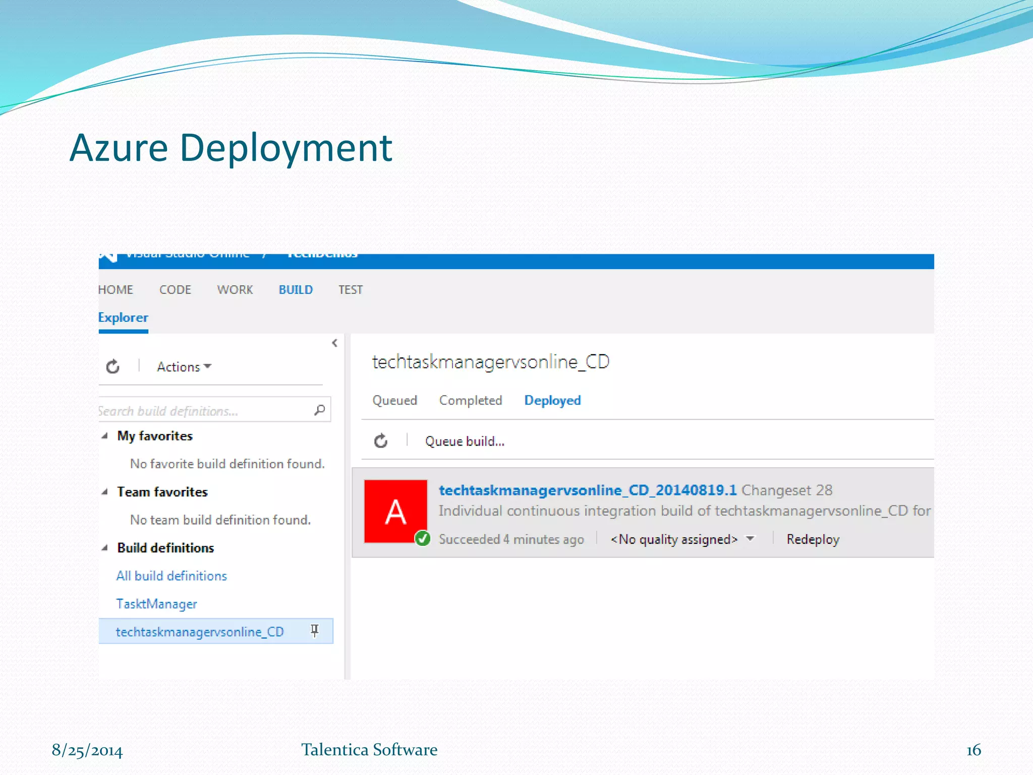 Azure Deployment
8/25/2014 Talentica Software 16
 