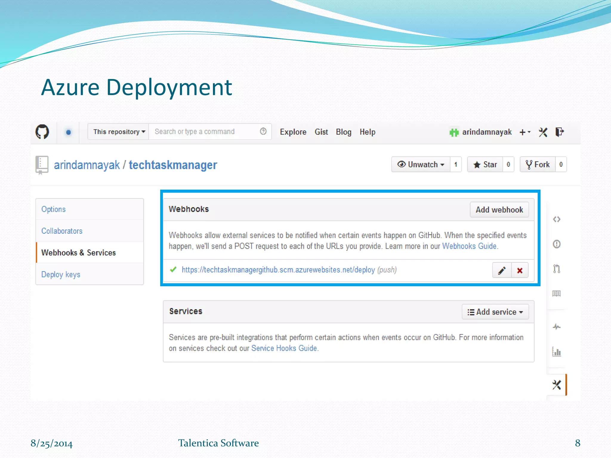 Azure Deployment
8/25/2014 Talentica Software 8
 
