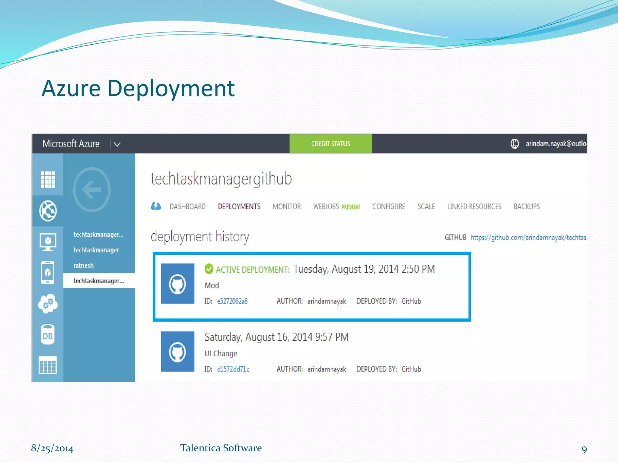 Azure Deployment
8/25/2014 Talentica Software 9
 