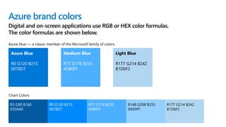 Azure brand colors
Digital and on-screen applications use RGB or HEX color formulas.
The color formulas are shown below.
Azure Blue
R0 G120 B215
0078D7
Light Blue
R177 G214 B242
B1D6F2
Medium Blue
R77 G176 B255
4DB0FF
R3 G90 B160
035AA0
R0 G120 B215
0078D7
R77 G176 B255
4DB0FF
R148 G208 B255
94D0FF
R177 G214 B242
B1D6F2
Chart Colors
Azure blue — a classic member of the Microsoft family of colors.
 