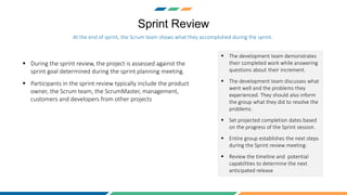 Sprint Review
 During the sprint review, the project is assessed against the
sprint goal determined during the sprint planning meeting.
 Participants in the sprint review typically include the product
owner, the Scrum team, the ScrumMaster, management,
customers and developers from other projects
At the end of sprint, the Scrum team shows what they accomplished during the sprint.
 The development team demonstrates
their completed work while answering
questions about their increment.
 The development team discusses what
went well and the problems they
experienced. They should also inform
the group what they did to resolve the
problems.
 Set projected completion dates based
on the progress of the Sprint session.
 Entire group establishes the next steps
during the Sprint review meeting.
 Review the timeline and potential
capabilities to determine the next
anticipated release
 