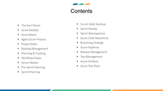 Contents
 The Pain-Points
 Azure DevOps
 Azure Board
 Agile-Scrum Process
 Project Roles
 Backlog Management
 Planning & Tracking
 Workflow States
 Scrum Master
 Pre-Sprint Planning
 Sprint Planning
 Scrum Daily Standup
 Sprint Review
 Sprint Retrospective
 Azure Code Repository
 Branching Strategy
 Azure Pipelines
 Release Management
 Test Management
 Azure Artifacts
 Azure Test Plans
 