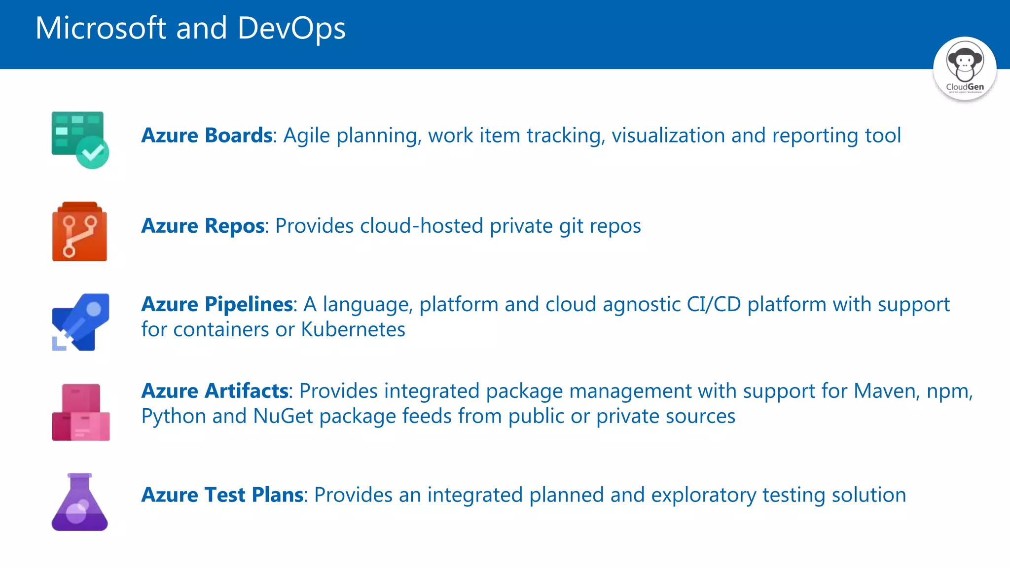 Microsoft and DevOps
Azure Boards: Agile planning, work item tracking, visualization and reporting tool
Azure Pipelines: A language, platform and cloud agnostic CI/CD platform with support
for containers or Kubernetes
Azure Repos: Provides cloud-hosted private git repos
Azure Artifacts: Provides integrated package management with support for Maven, npm,
Python and NuGet package feeds from public or private sources
Azure Test Plans: Provides an integrated planned and exploratory testing solution
 
