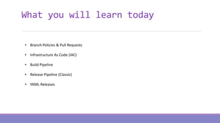 • Branch Policies & Pull Requests
• Infrastructure As Code (IAC)
• Build Pipeline
• Release Pipeline (Classic)
• YAML Releases
What you will learn today
 