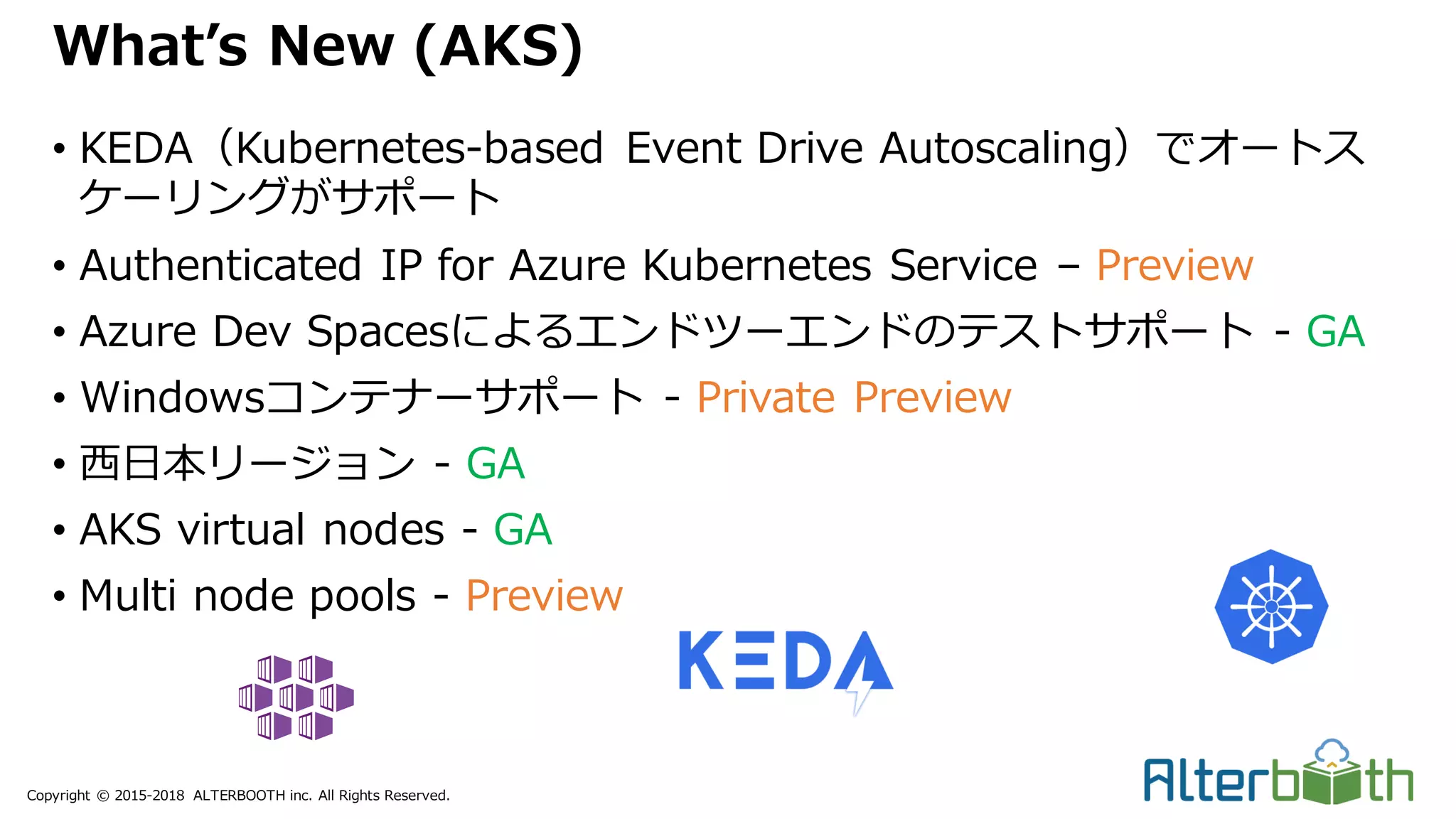 Copyright © 2015-2018 ALTERBOOTH inc. All Rights Reserved.
• KEDA（Kubernetes-based Event Drive Autoscaling）でオートス
ケーリングがサポート
• Authenticated IP for Azure Kubernetes Service – Preview
• Azure Dev Spacesによるエンドツーエンドのテストサポート - GA
• Windowsコンテナーサポート - Private Preview
• 西日本リージョン - GA
• AKS virtual nodes - GA
• Multi node pools - Preview
What’s New (AKS)
 