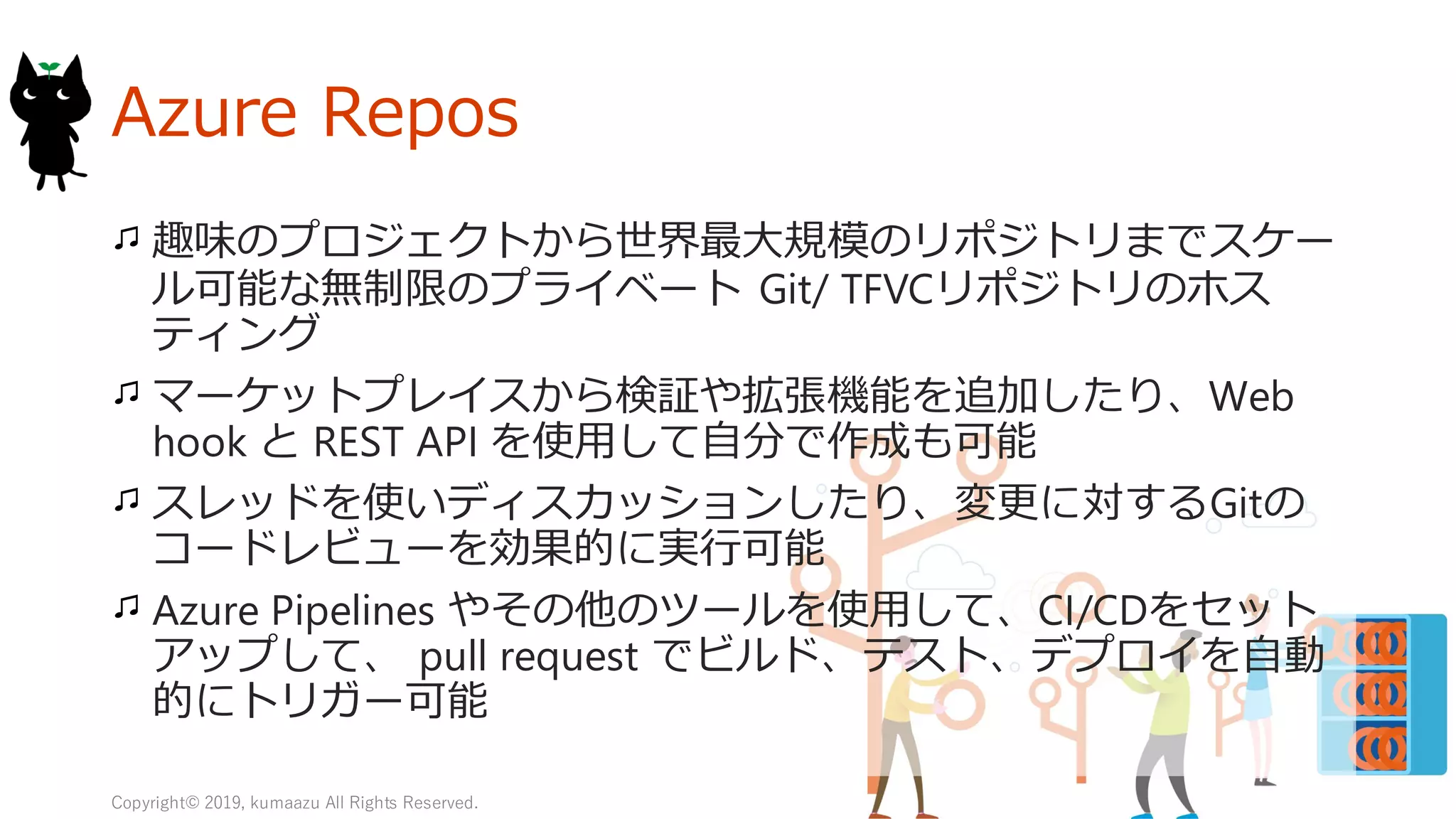 17
Azure Repos
趣味のプロジェクトから世界最大規模のリポジトリまでスケー
ル可能な無制限のプライベート Git/ TFVCリポジトリのホス
ティング
マーケットプレイスから検証や拡張機能を追加したり、Web
hook と REST API を使用して自分で作成も可能
スレッドを使いディスカッションしたり、変更に対するGitの
コードレビューを効果的に実行可能
Azure Pipelines やその他のツールを使用して、CI/CDをセット
アップして、 pull request でビルド、テスト、デプロイを自動
的にトリガー可能
Copyright© 2019, kumaazu All Rights Reserved.
 