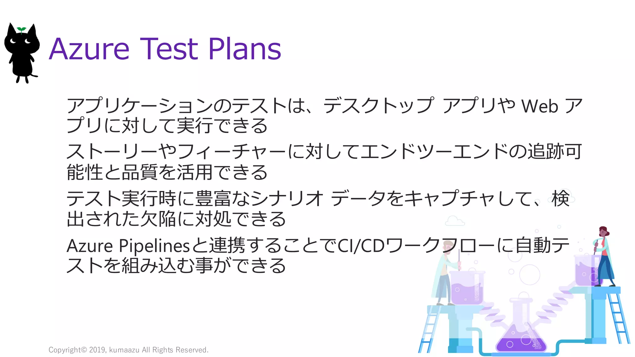 18
Azure Test Plans
アプリケーションのテストは、デスクトップ アプリや Web ア
プリに対して実行できる
ストーリーやフィーチャーに対してエンドツーエンドの追跡可
能性と品質を活用できる
テスト実行時に豊富なシナリオ データをキャプチャして、検
出された欠陥に対処できる
Azure Pipelinesと連携することでCI/CDワークフローに自動テ
ストを組み込む事ができる
Copyright© 2019, kumaazu All Rights Reserved.
 