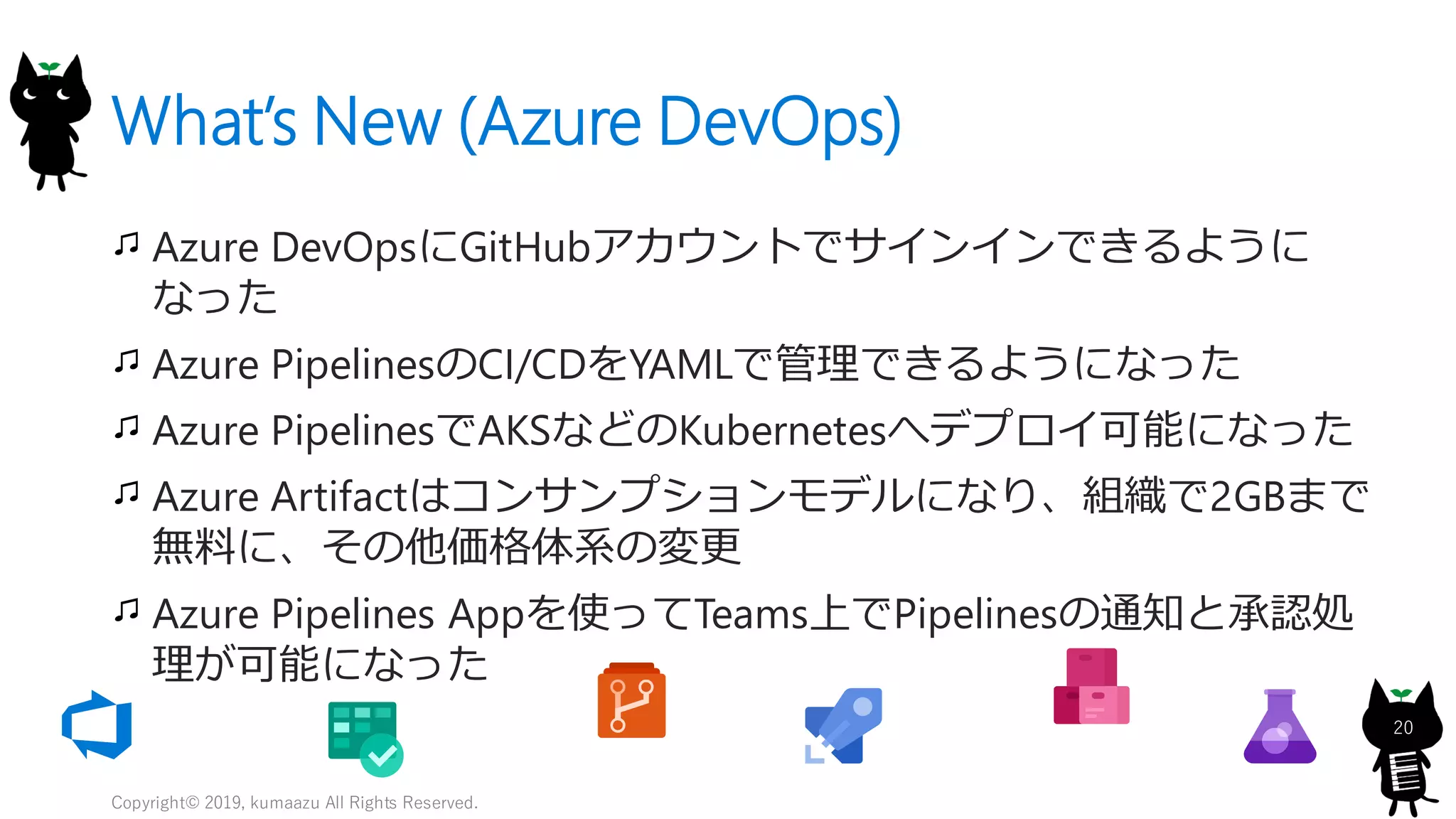 What’s New (Azure DevOps)
Azure DevOpsにGitHubアカウントでサインインできるように
なった
Azure PipelinesのCI/CDをYAMLで管理できるようになった
Azure PipelinesでAKSなどのKubernetesへデプロイ可能になった
Azure Artifactはコンサンプションモデルになり、組織で2GBまで
無料に、その他価格体系の変更
Azure Pipelines Appを使ってTeams上でPipelinesの通知と承認処
理が可能になった
Copyright© 2019, kumaazu All Rights Reserved.
20
 