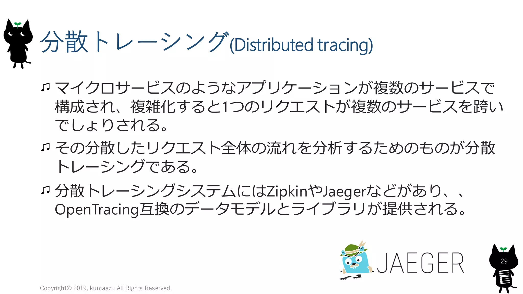 分散トレーシング(Distributed tracing)
マイクロサービスのようなアプリケーションが複数のサービスで
構成され、複雑化すると1つのリクエストが複数のサービスを跨い
でしょりされる。
その分散したリクエスト全体の流れを分析するためのものが分散
トレーシングである。
分散トレーシングシステムにはZipkinやJaegerなどがあり、、
OpenTracing互換のデータモデルとライブラリが提供される。
Copyright© 2019, kumaazu All Rights Reserved.
29
 