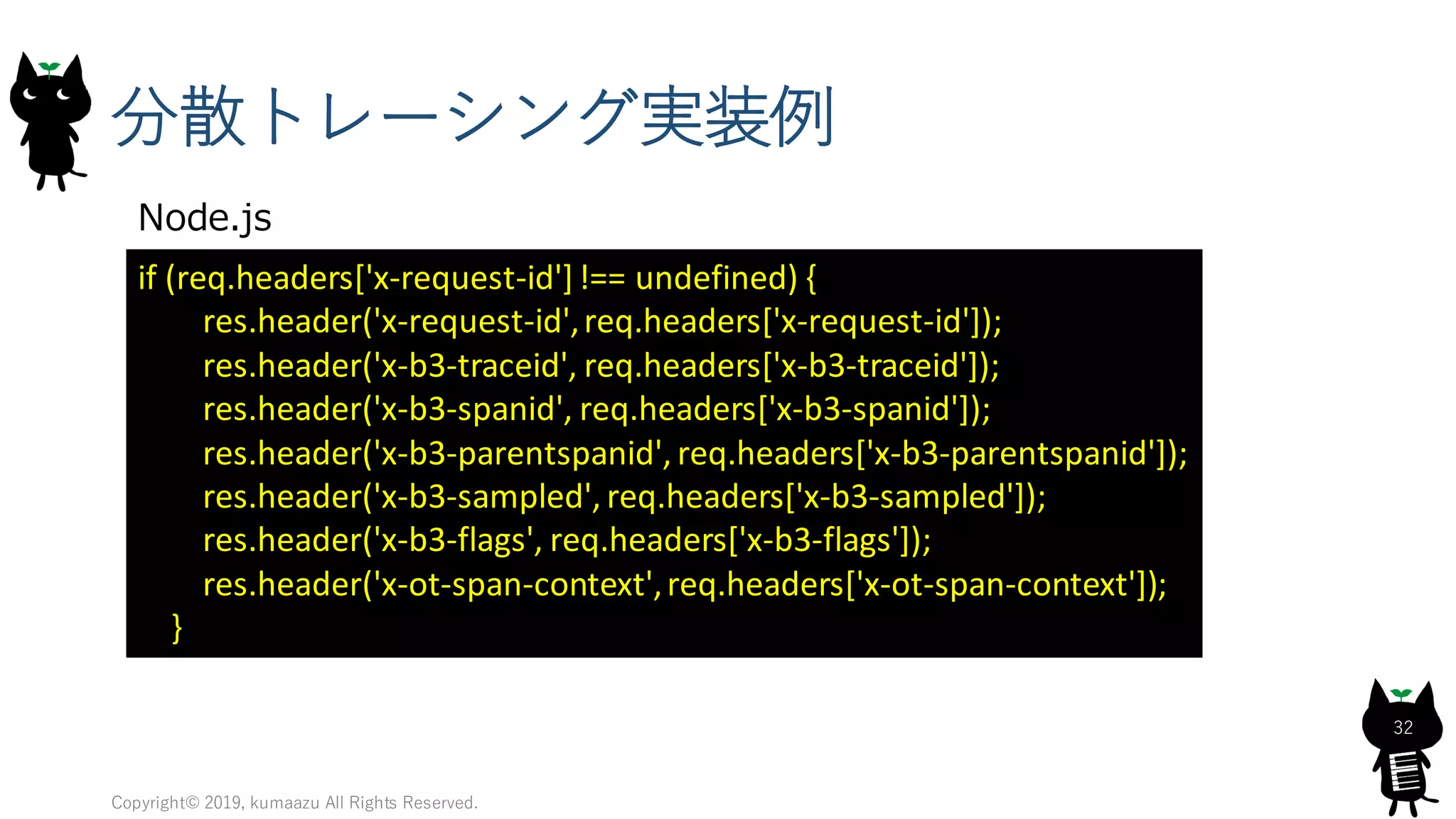 分散トレーシング実装例
Copyright© 2019, kumaazu All Rights Reserved.
32
Node.js
if (req.headers['x-request-id']!== undefined) {
res.header('x-request-id',req.headers['x-request-id']);
res.header('x-b3-traceid', req.headers['x-b3-traceid']);
res.header('x-b3-spanid', req.headers['x-b3-spanid']);
res.header('x-b3-parentspanid', req.headers['x-b3-parentspanid']);
res.header('x-b3-sampled', req.headers['x-b3-sampled']);
res.header('x-b3-flags', req.headers['x-b3-flags']);
res.header('x-ot-span-context',req.headers['x-ot-span-context']);
}
 