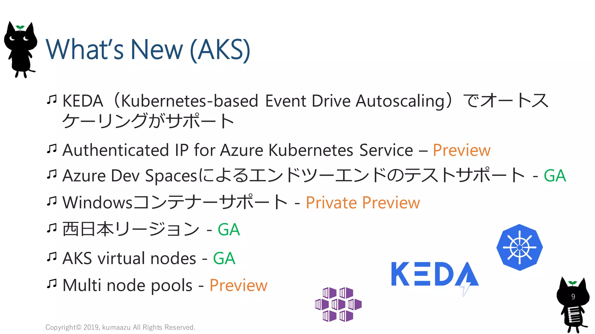 What’s New (AKS)
KEDA（Kubernetes-based Event Drive Autoscaling）でオートス
ケーリングがサポート
Authenticated IP for Azure Kubernetes Service – Preview
Azure Dev Spacesによるエンドツーエンドのテストサポート - GA
Windowsコンテナーサポート - Private Preview
西日本リージョン - GA
AKS virtual nodes - GA
Multi node pools - Preview
Copyright© 2019, kumaazu All Rights Reserved.
9
 