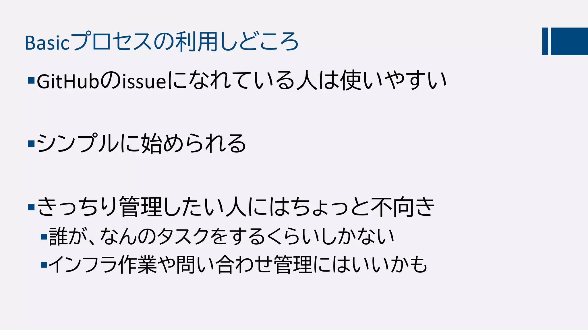 Basicプロセスの利用しどころ
GitHubのissueになれている人は使いやすい
シンプルに始められる
きっちり管理したい人にはちょっと不向き
誰が、なんのタスクをするくらいしかない
インフラ作業や問い合わせ管理にはいいかも
 