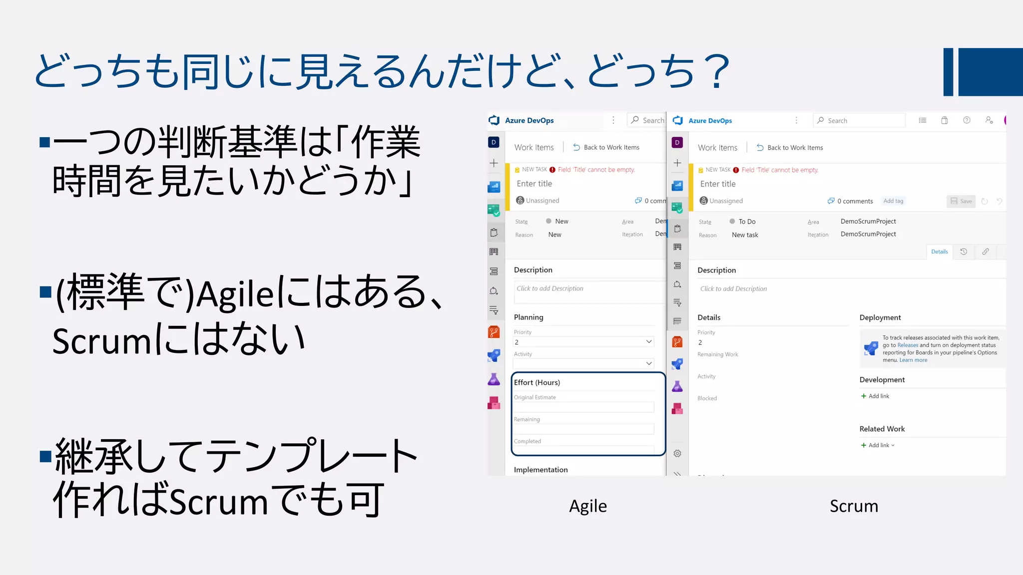 どっちも同じに見えるんだけど、どっち？
一つの判断基準は「作業
時間を見たいかどうか」
(標準で)Agileにはある、
Scrumにはない
継承してテンプレート
作ればScrumでも可 Agile Scrum
 