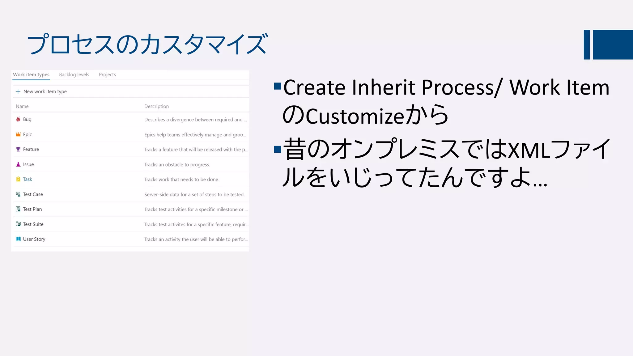 プロセスのカスタマイズ
Create Inherit Process/ Work Item
のCustomizeから
昔のオンプレミスではXMLファイ
ルをいじってたんですよ…
 