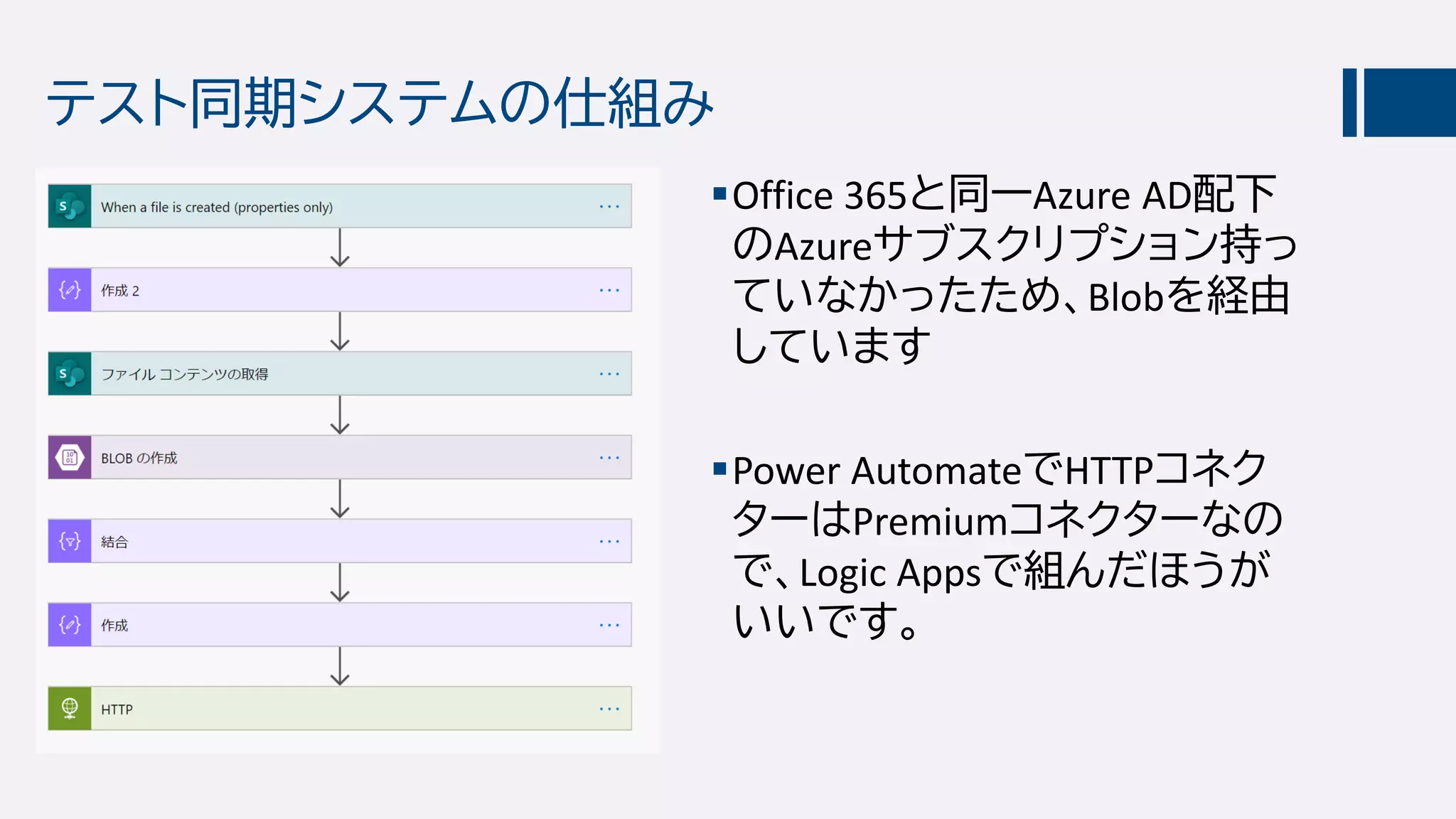 テスト同期システムの仕組み
Office 365と同一Azure AD配下
のAzureサブスクリプション持っ
ていなかったため、Blobを経由
しています
Power AutomateでHTTPコネク
ターはPremiumコネクターなの
で、Logic Appsで組んだほうが
いいです。
 