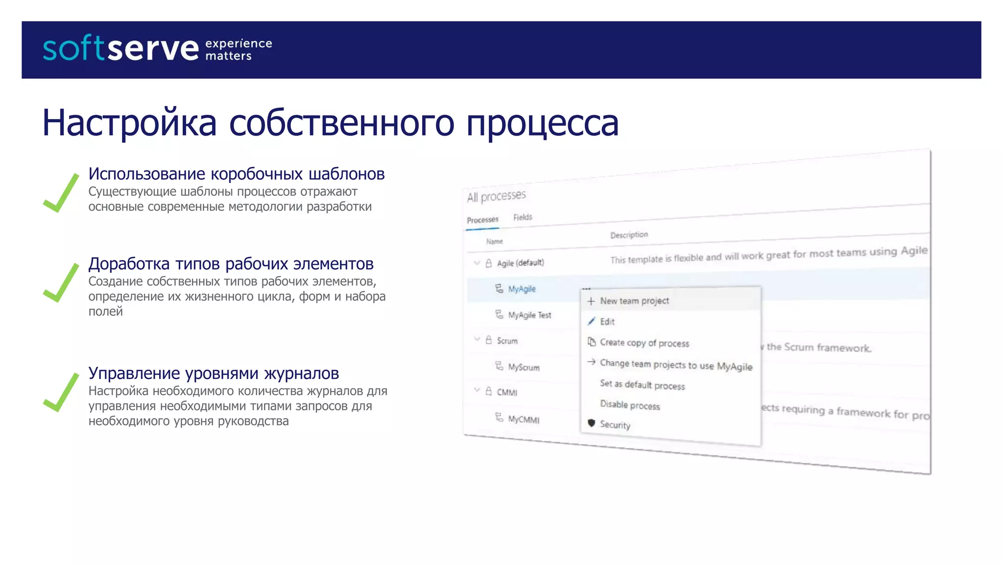 Настройка собственного процесса
Использование коробочных шаблонов
Существующие шаблоны процессов отражают
основные современные методологии разработки
Доработка типов рабочих элементов
Создание собственных типов рабочих элементов,
определение их жизненного цикла, форм и набора
полей
Управление уровнями журналов
Настройка необходимого количества журналов для
управления необходимыми типами запросов для
необходимого уровня руководства
 