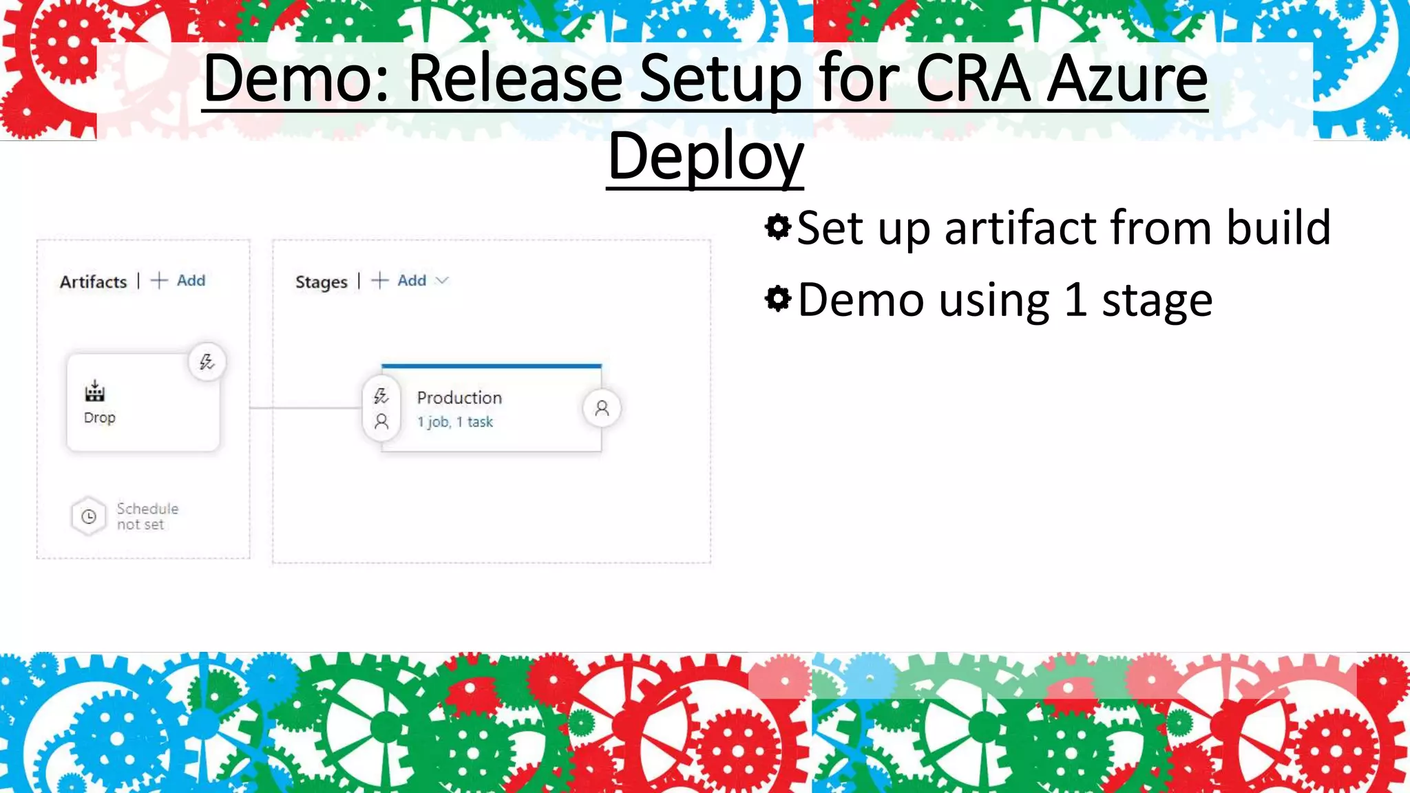 Demo: Release Setup for CRA Azure
Deploy
Set up artifact from build
Demo using 1 stage
 