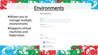 Environments
Allows you to
manage multiple
environments
Supports virtual
machines and
Kubernetes
 