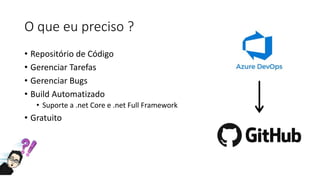 O que eu preciso ?
• Repositório de Código
• Gerenciar Tarefas
• Gerenciar Bugs
• Build Automatizado
• Suporte a .net Core e .net Full Framework
• Gratuito
 