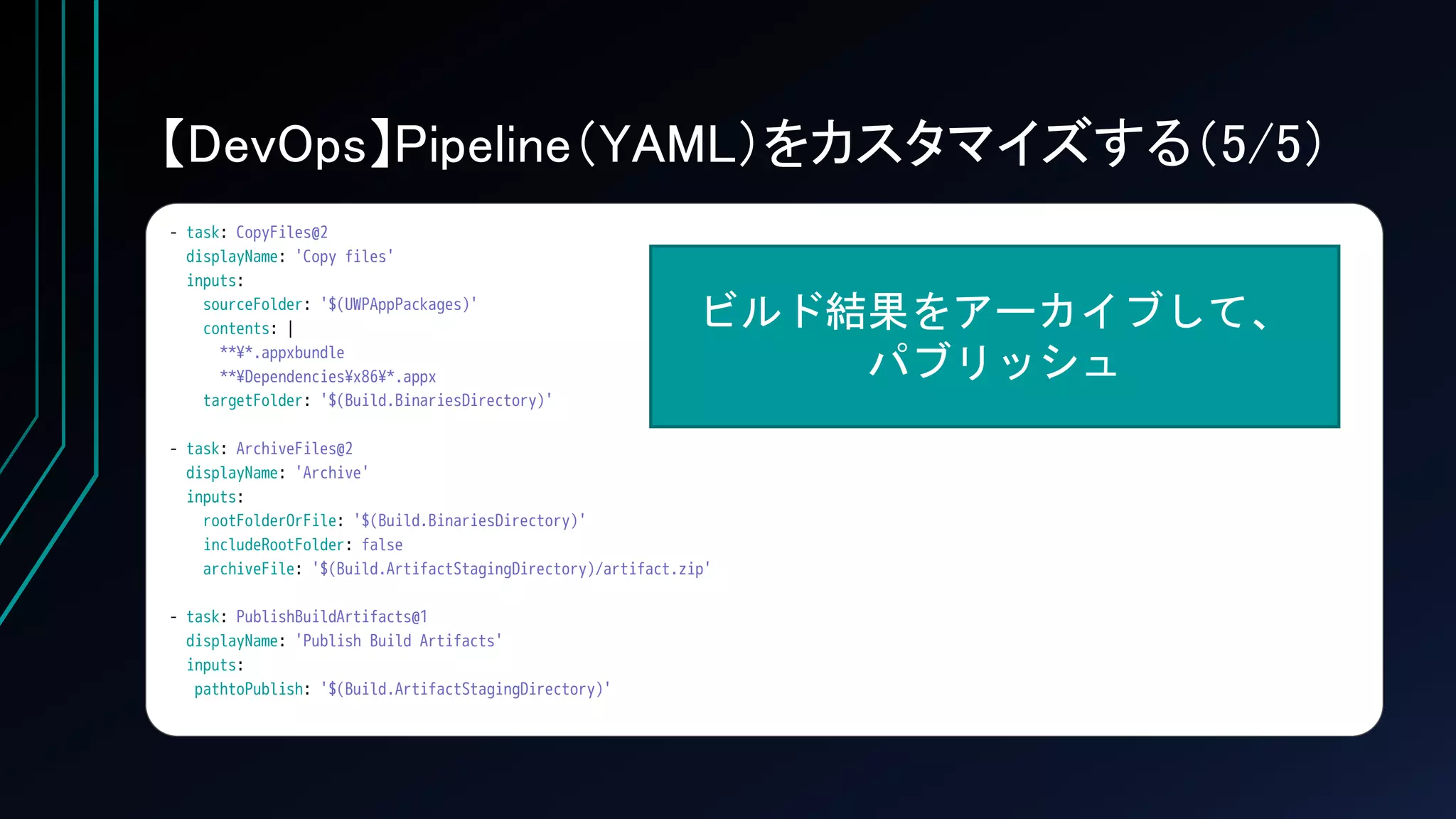 【DevOps】Pipeline（YAML）をカスタマイズする（5/5）
- task: CopyFiles@2
displayName: 'Copy files'
inputs:
sourceFolder: '$(UWPAppPackages)'
contents: |
**¥*.appxbundle
**¥Dependencies¥x86¥*.appx
targetFolder: '$(Build.BinariesDirectory)'
- task: ArchiveFiles@2
displayName: 'Archive'
inputs:
rootFolderOrFile: '$(Build.BinariesDirectory)'
includeRootFolder: false
archiveFile: '$(Build.ArtifactStagingDirectory)/artifact.zip'
- task: PublishBuildArtifacts@1
displayName: 'Publish Build Artifacts'
inputs:
pathtoPublish: '$(Build.ArtifactStagingDirectory)'
ビルド結果をアーカイブして、
パブリッシュ
 