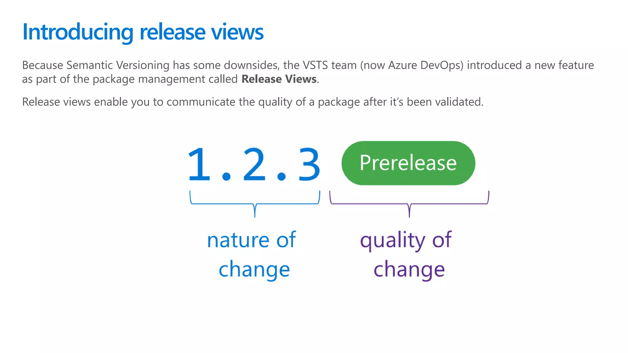 Because Semantic Versioning has some downsides, the VSTS team (now Azure DevOps) introduced a new feature
as part of the package management called Release Views.
Release views enable you to communicate the quality of a package after it’s been validated.
Introducing release views
 