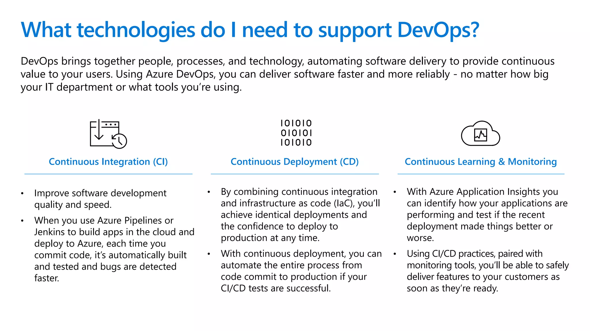 DevOps brings together people, processes, and technology, automating software delivery to provide continuous
value to your users. Using Azure DevOps, you can deliver software faster and more reliably - no matter how big
your IT department or what tools you’re using.
What technologies do I need to support DevOps?
Continuous Integration (CI)
• Improve software development
quality and speed.
• When you use Azure Pipelines or
Jenkins to build apps in the cloud and
deploy to Azure, each time you
commit code, it’s automatically built
and tested and bugs are detected
faster.
Continuous Deployment (CD)
• By combining continuous integration
and infrastructure as code (IaC), you’ll
achieve identical deployments and
the confidence to deploy to
production at any time.
• With continuous deployment, you can
automate the entire process from
code commit to production if your
CI/CD tests are successful.
Continuous Learning & Monitoring
• With Azure Application Insights you
can identify how your applications are
performing and test if the recent
deployment made things better or
worse.
• Using CI/CD practices, paired with
monitoring tools, you’ll be able to safely
deliver features to your customers as
soon as they’re ready.
 