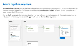 Azure Pipelines releases is a service in Azure Pipelines and Team Foundation Server (TFS 2015.2 and later) and an
essential element of DevOps CI/CD that helps your team continuously deliver software to your customers at a
faster pace and with lower risk.
You can fully automate the testing and delivery of your software in multiple stages all the way to production, or
set up semi-automated processes with approvals and on-demand deployments.
Azure Pipeline releases
 