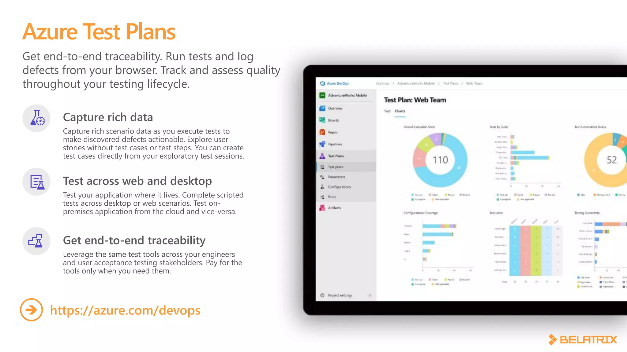 Get end-to-end traceability. Run tests and log
defects from your browser. Track and assess quality
throughout your testing lifecycle.
Azure Test Plans
Capture rich data
Capture rich scenario data as you execute tests to
make discovered defects actionable. Explore user
stories without test cases or test steps. You can create
test cases directly from your exploratory test sessions.
Test across web and desktop
Test your application where it lives. Complete scripted
tests across desktop or web scenarios. Test on-
premises application from the cloud and vice-versa.
Get end-to-end traceability
Leverage the same test tools across your engineers
and user acceptance testing stakeholders. Pay for the
tools only when you need them.
https://azure.com/devops
 