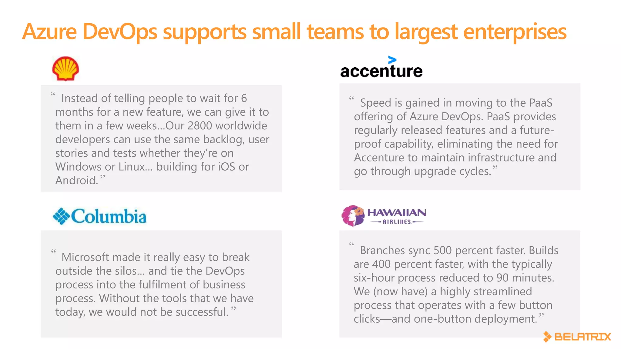 Azure DevOps supports small teams to largest enterprises
Instead of telling people to wait for 6
months for a new feature, we can give it to
them in a few weeks…Our 2800 worldwide
developers can use the same backlog, user
stories and tests whether they’re on
Windows or Linux… building for iOS or
Android.
Microsoft made it really easy to break
outside the silos… and tie the DevOps
process into the fulfilment of business
process. Without the tools that we have
today, we would not be successful.
“
“
”
”
Branches sync 500 percent faster. Builds
are 400 percent faster, with the typically
six-hour process reduced to 90 minutes.
We (now have) a highly streamlined
process that operates with a few button
clicks—and one-button deployment.
Speed is gained in moving to the PaaS
offering of Azure DevOps. PaaS provides
regularly released features and a future-
proof capability, eliminating the need for
Accenture to maintain infrastructure and
go through upgrade cycles.
“
“
”
”
 