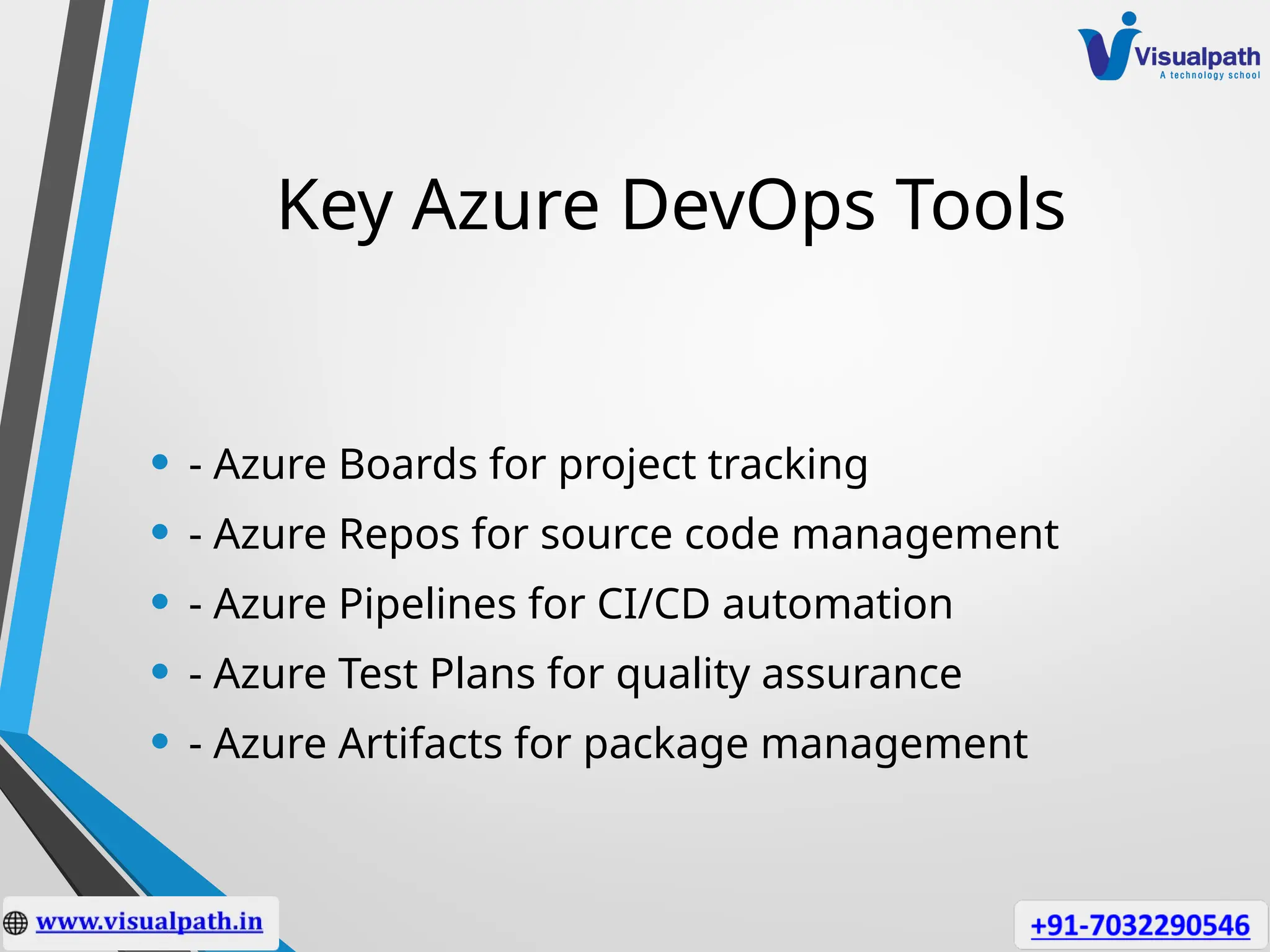 Key Azure DevOps Tools
• - Azure Boards for project tracking
• - Azure Repos for source code management
• - Azure Pipelines for CI/CD automation
• - Azure Test Plans for quality assurance
• - Azure Artifacts for package management
 