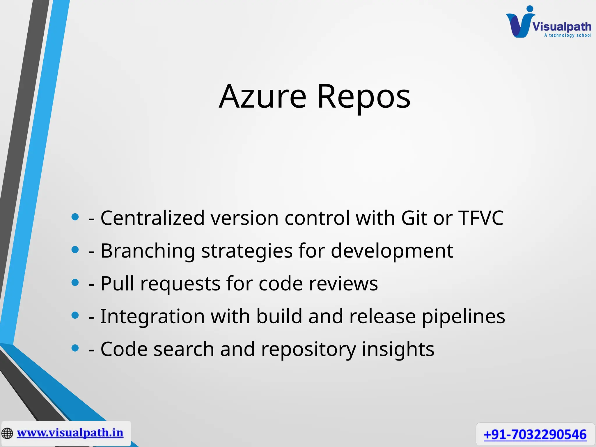 Azure Repos
• - Centralized version control with Git or TFVC
• - Branching strategies for development
• - Pull requests for code reviews
• - Integration with build and release pipelines
• - Code search and repository insights
 