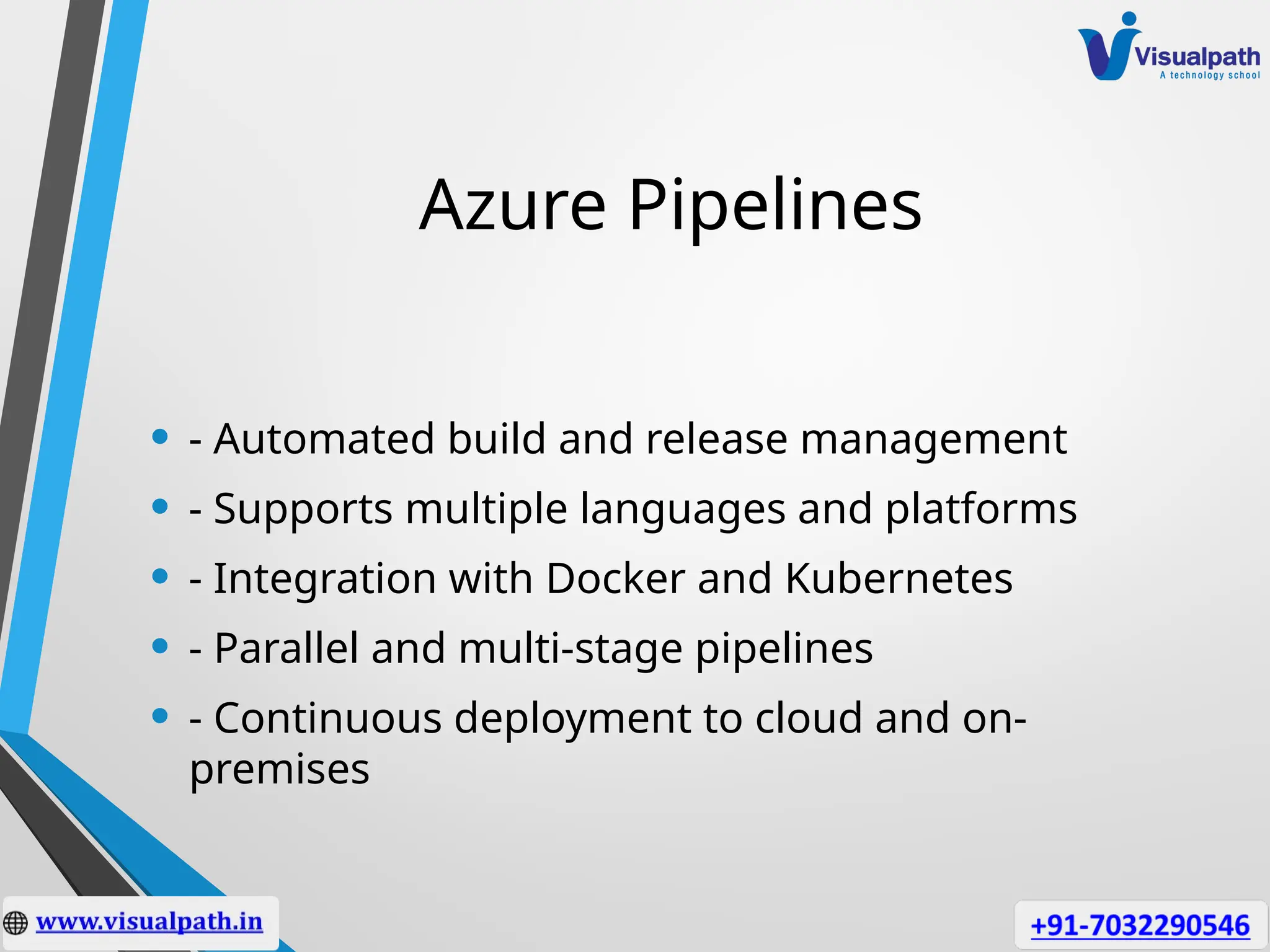 Azure Pipelines
• - Automated build and release management
• - Supports multiple languages and platforms
• - Integration with Docker and Kubernetes
• - Parallel and multi-stage pipelines
• - Continuous deployment to cloud and on-
premises
 