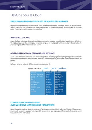 14
DevOps pour le Cloud
Provisioning dans Azure avec de multiples langages
PowerShell est le langage de scripting et d’automatisation proposé par défaut sur la plateforme Windows.
Un module Azure est disponible pour enrichir ce langage de multiples Cmdlets permettant d’automatiser le
provisioning des différentes ressources Azures.
Azure Cross-Platform Command-Line Interface (xplat-cli) est le langage de scripting en ligne de commande
pour les environnements Windows, Mac et Linux. Il est développé en javascript et nécessite l’installation de
node.js.
La figure suivante présente différentes commandes xplat-cli.
La configuration système des environnements Windows peut être réalisée grâce au Windows Management
Framework (version 5 aujourd’hui disponible en preview) qui regroupe différentes technologies parmi
lesquelles les DSC et OneGet.
PowerShell et Azure
Azure Cross-Platform Command-Line Interface
Configuration dans Azure
avec Windows Management Framework
Le provisioning de ressources Windows et Linux peut être directement assuré par la mise en œuvre des dif-
férents SDK Azure, des Cmdlets Azure PowerShell, de l’API REST de management, ou du langage de scripting
Azure Cross-Platform Command-Line Interface.
 