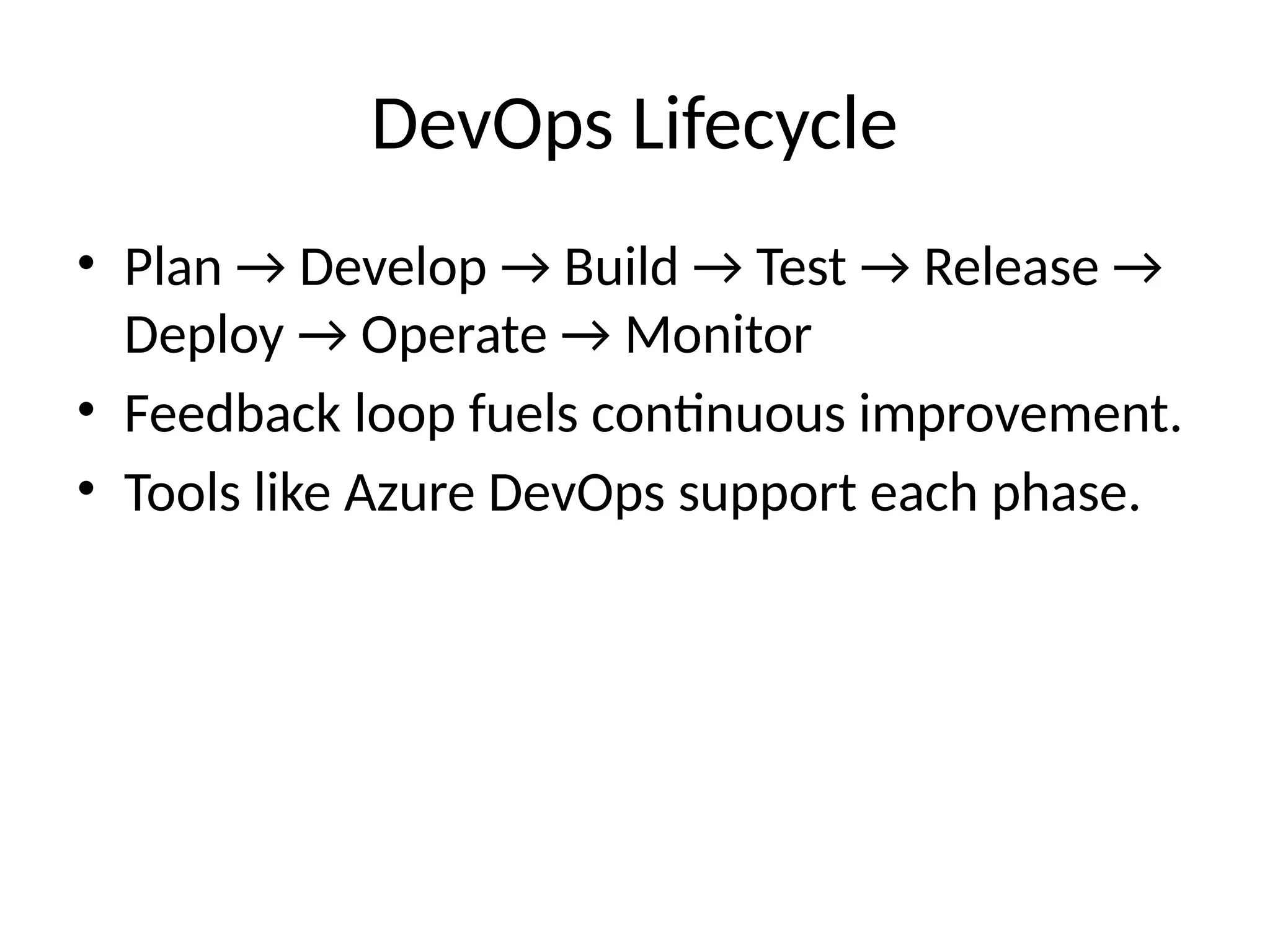 DevOps Lifecycle
• Plan → Develop → Build → Test → Release →
Deploy → Operate → Monitor
• Feedback loop fuels continuous improvement.
• Tools like Azure DevOps support each phase.
 