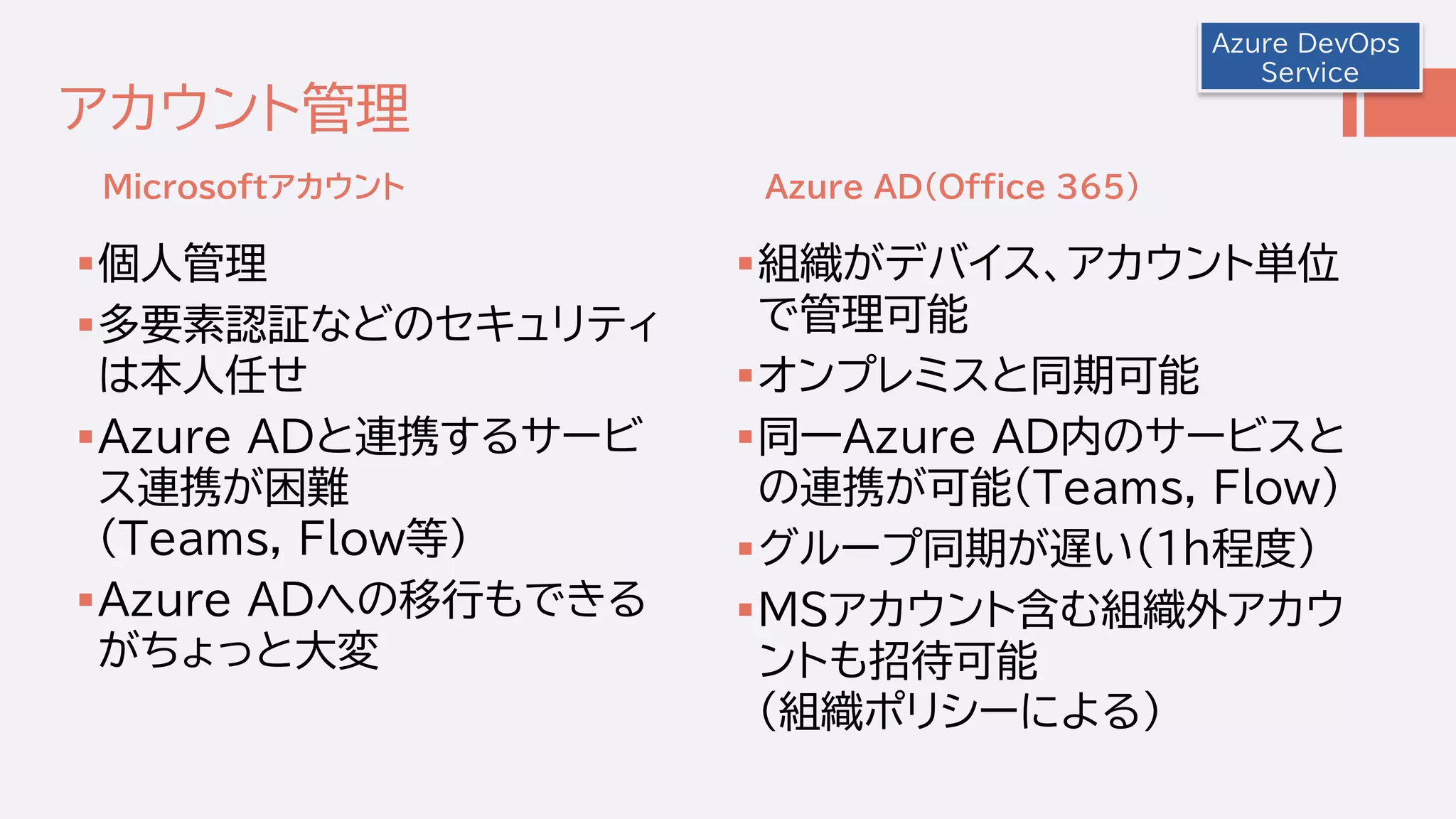 Microsoftアカウント Azure AD(Office 365)
アカウント管理
個人管理
多要素認証などのセキュリティ
は本人任せ
Azure ADと連携するサービ
ス連携が困難
(Teams, Flow等)
Azure ADへの移行もできる
がちょっと大変
組織がデバイス、アカウント単位
で管理可能
オンプレミスと同期可能
同一Azure AD内のサービスと
の連携が可能(Teams, Flow)
グループ同期が遅い(1h程度)
MSアカウント含む組織外アカウ
ントも招待可能
(組織ポリシーによる)
Azure DevOps
Service
 