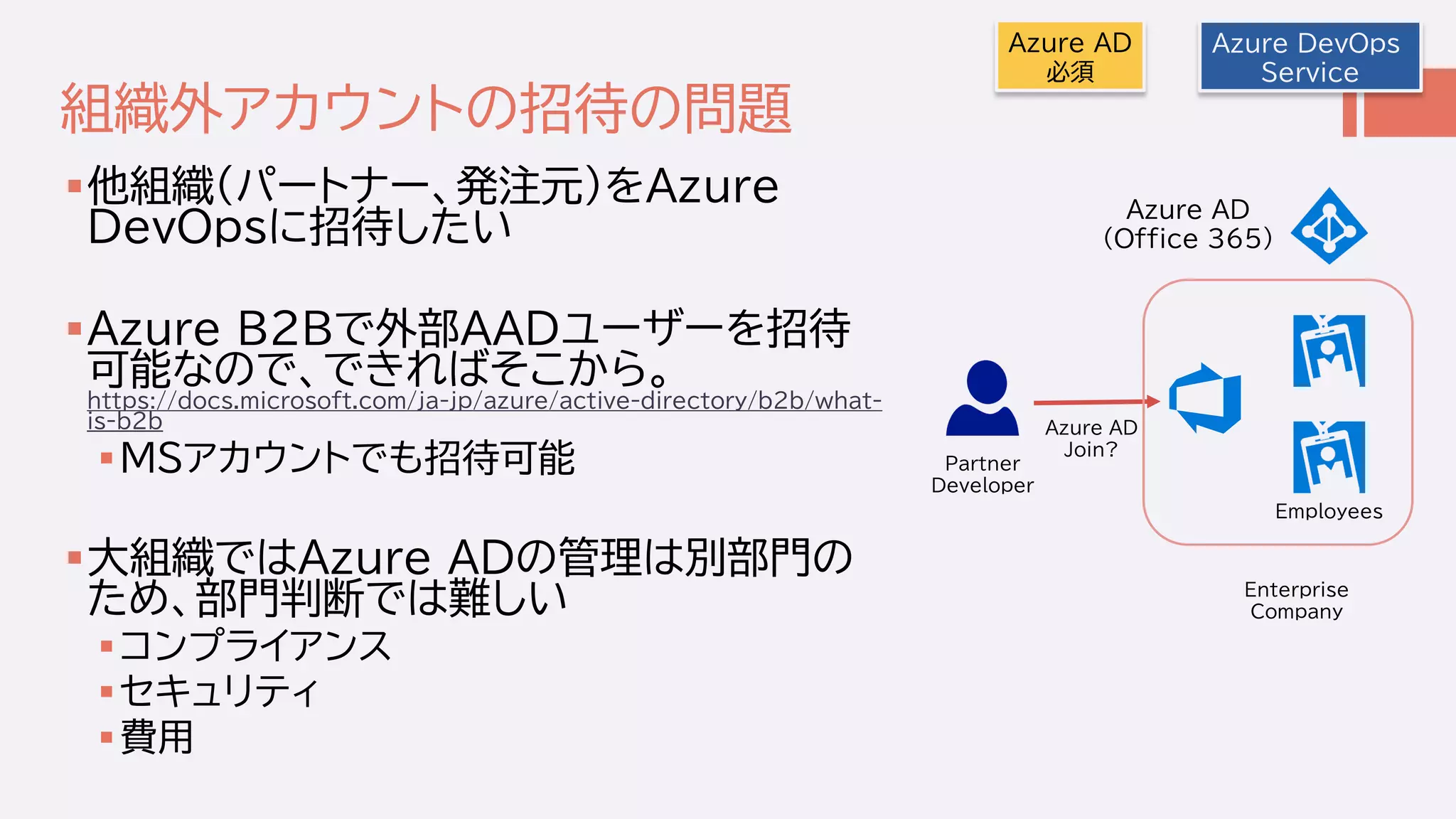 組織外アカウントの招待の問題
他組織(パートナー、発注元)をAzure
DevOpsに招待したい
Azure B2Bで外部AADユーザーを招待
可能なので、できればそこから。
https://docs.microsoft.com/ja-jp/azure/active-directory/b2b/what-
is-b2b
MSアカウントでも招待可能
大組織ではAzure ADの管理は別部門の
ため、部門判断では難しい
コンプライアンス
セキュリティ
費用
Azure DevOps
Service
Azure AD
Join?
Employees
Azure AD
(Office 365)
Partner
Developer
Enterprise
Company
Azure AD
必須
 