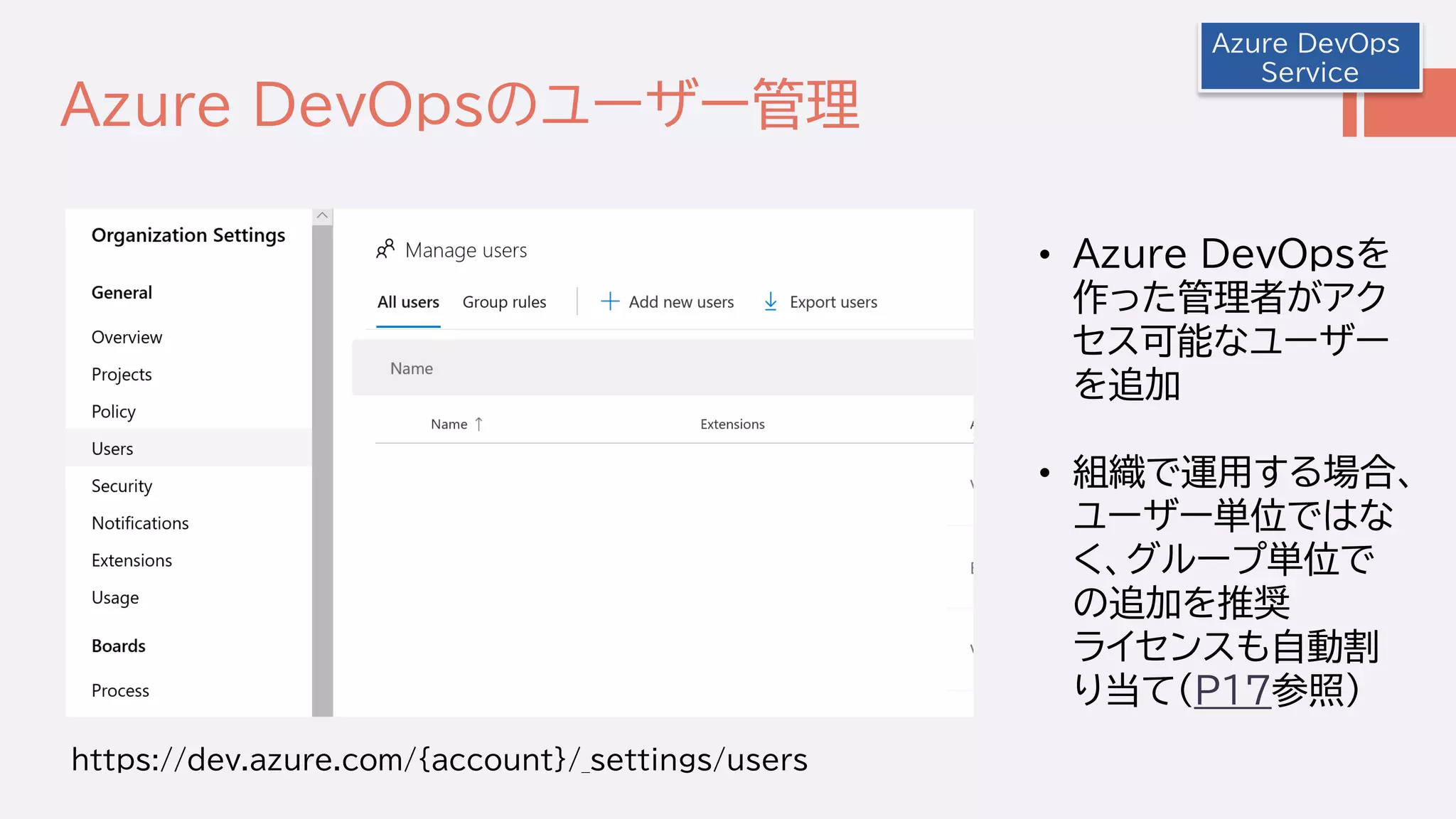 Azure DevOpsのユーザー管理
Azure DevOps
Service
https://dev.azure.com/{account}/_settings/users
• Azure DevOpsを
作った管理者がアク
セス可能なユーザー
を追加
• 組織で運用する場合、
ユーザー単位ではな
く、グループ単位で
の追加を推奨
ライセンスも自動割
り当て(P17参照)
 