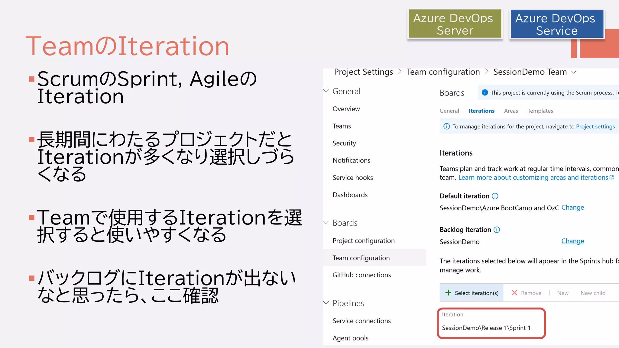 TeamのIteration
ScrumのSprint, Agileの
Iteration
長期間にわたるプロジェクトだと
Iterationが多くなり選択しづら
くなる
Teamで使用するIterationを選
択すると使いやすくなる
バックログにIterationが出ない
なと思ったら、ここ確認
Azure DevOps
Service
Azure DevOps
Server
 