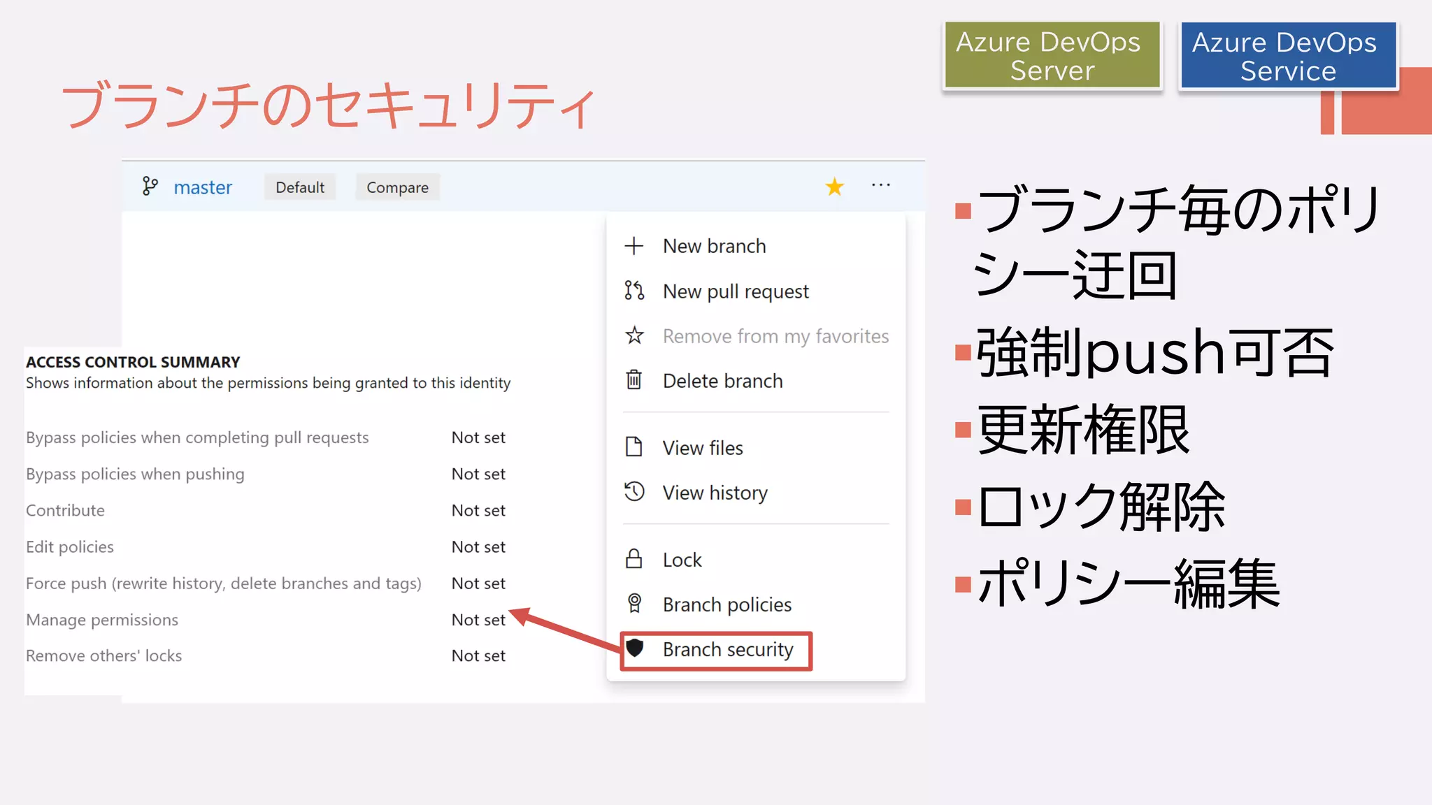 ブランチのセキュリティ
ブランチ毎のポリ
シー迂回
強制push可否
更新権限
ロック解除
ポリシー編集
Azure DevOps
Service
Azure DevOps
Server
 